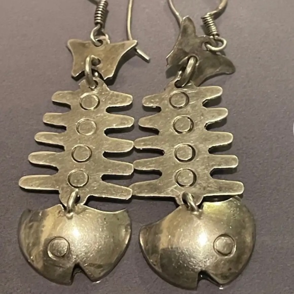 Jewelry - Striking Mexican Vintage Articulated Fish Skeleton Sterling Silver Dangling Earr
